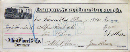 California Street Cable Railroad Co., bank check, 1898